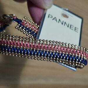 Pannee Wide Glass Bead Bracelet in Carrot Red, Peacock Blue, and Bronze Colors
